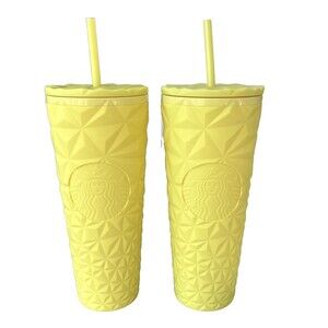 Starbucks 2025 LOT of 2 Yellow 24oz Cold Beverage Tumblers w/Straw LTD Edition